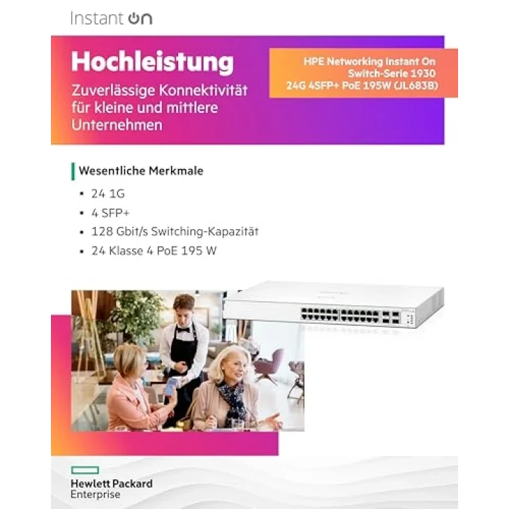 HPE - AN INSTANT ON WIRED(I5)BTO Aruba Instant On 1930 28P PoE Gb Ethernet L2+ Smart Switch | 24xGE PoE (195W) | 4x1G/10G SFP+ | EU Europe Cord (JL683B#ABB)