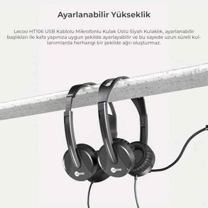 HT106 USB Kablolu Mikrofonlu Kulak Üstü Kulaklık - PC, Laptop, Tablet, Telefon Uyumlu, Ergonomik Kulak Yastıkları, İş, Oyun, Çağrı Merkezi için, Esnek Mikrofonlu Kulak Üstü Kulaklık Siyah