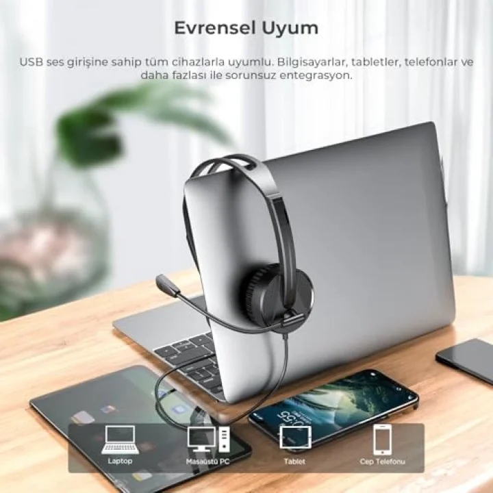 HT106 USB Kablolu Mikrofonlu Kulak Üstü Kulaklık - PC, Laptop, Tablet, Telefon Uyumlu, Ergonomik Kulak Yastıkları, İş, Oyun, Çağrı Merkezi için, Esnek Mikrofonlu Kulak Üstü Kulaklık Siyah