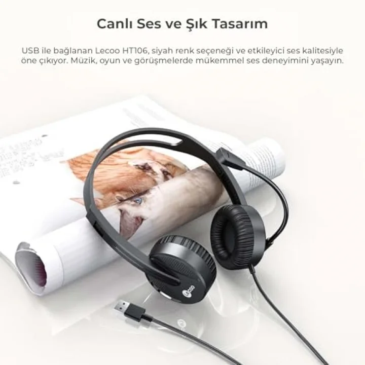 HT106 USB Kablolu Mikrofonlu Kulak Üstü Kulaklık - PC, Laptop, Tablet, Telefon Uyumlu, Ergonomik Kulak Yastıkları, İş, Oyun, Çağrı Merkezi için, Esnek Mikrofonlu Kulak Üstü Kulaklık Siyah
