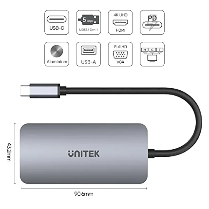 Hub USB-C MST Triple Ekran, 2 x HDMI + VGA, 1 x USB-A Port ve USB-C Power Delivery 100W │ USB 3.1 5 Gbps, 4K@30Hz, 2K@60Hz, Alüminyum, SuperSpeed