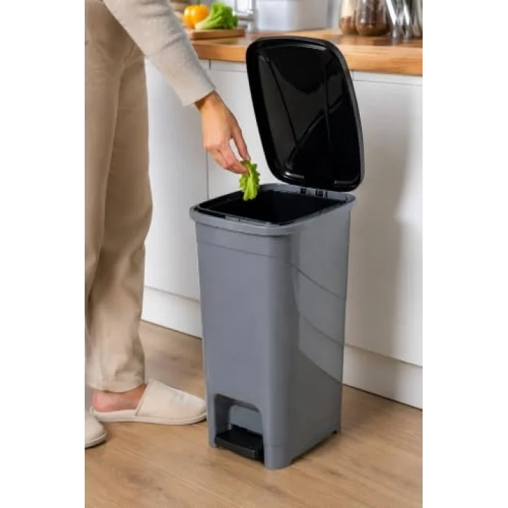 İç Kovalı Slim Pedallı Modern Çöp Kovası, Paslanmaz Çelik Görünümlü, 40 Litre