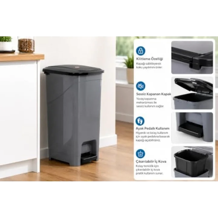 İç Kovalı Slim Pedallı Modern Çöp Kovası, Paslanmaz Çelik Görünümlü, 40 Litre