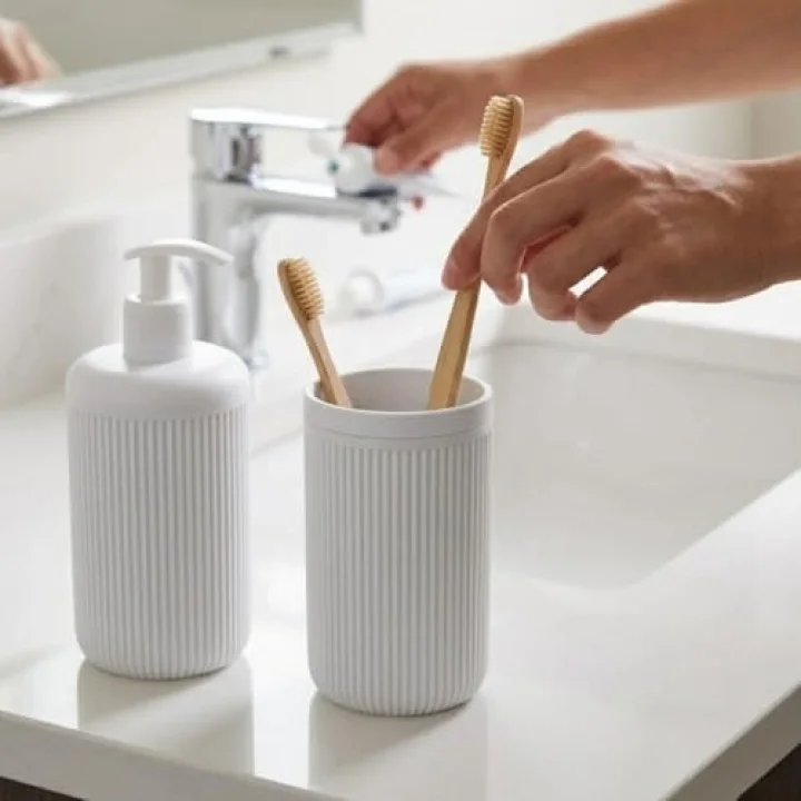 İkili Sabunluk Seti - Modern Banyo ve Mutfak Tezgah Üstü Seti - Sıvı Sabunluk ve Losyon Şişesi - Paslanmaz Pompalı 2li Set