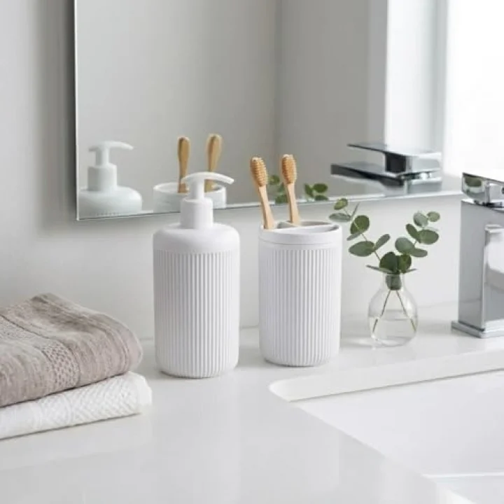 İkili Sabunluk Seti - Modern Banyo ve Mutfak Tezgah Üstü Seti - Sıvı Sabunluk ve Losyon Şişesi - Paslanmaz Pompalı 2li Set
