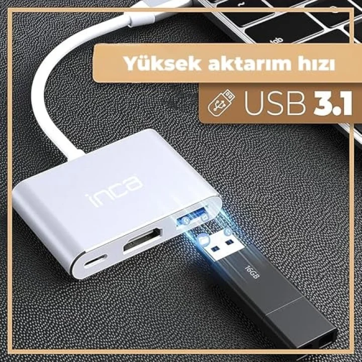 Inca ITPC-04TXT Type-C Hub, 4K 30Hz HDMI, USB 3.0, 100W PD, Alüminyum Kasa