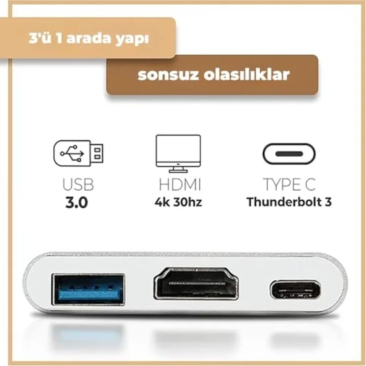 Inca ITPC-04TXT Type-C Hub, 4K 30Hz HDMI, USB 3.0, 100W PD, Alüminyum Kasa