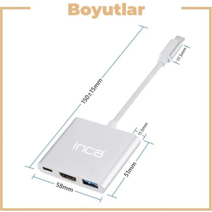 Inca ITPC-04TXT Type-C Hub, 4K 30Hz HDMI, USB 3.0, 100W PD, Alüminyum Kasa