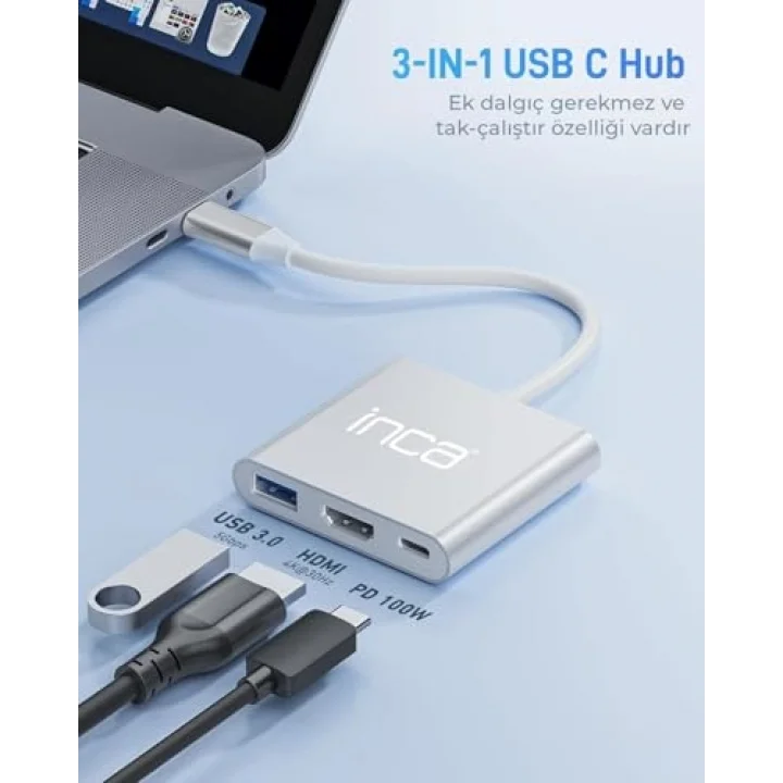 Inca ITPC-04TXT Type-C Hub, 4K 30Hz HDMI, USB 3.0, 100W PD, Alüminyum Kasa