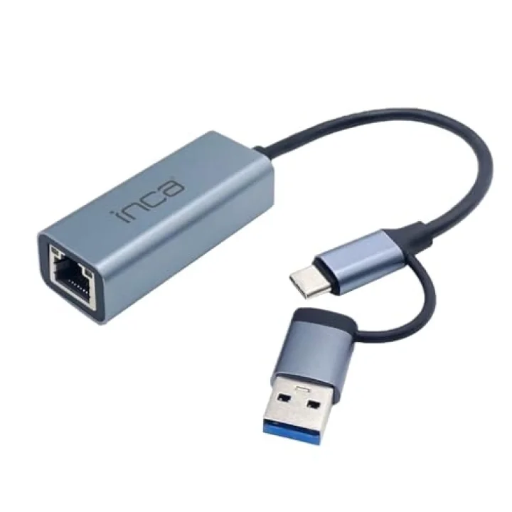 Inca IUTP-01TX USB 3.0 ve Type-C 3.1 Ethernet Adaptörü | 1000Mbps Gigabit RJ45 Ağ Kartı | Alüminyum Kasa | Windows, MacBook, Notebook ve Tablet Uyumlu | Cep Telefonları ile Uyumlu Değil