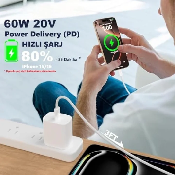 iPhone 15/16 ve Android İçin Type C-C, 60Watt PD, ÖRGÜLÜ, Hızlı Şarj Kablosu (100 CM)