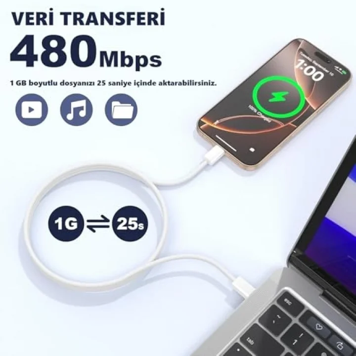 iPhone 15/16 ve Android İçin Type C-C, 60Watt PD, ÖRGÜLÜ, Hızlı Şarj Kablosu (100 CM)