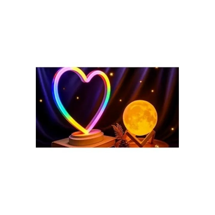 Işık kasabası(107) Neon Kalp Ve 3 D Led Sarı Küre Gece Lambası Sarı