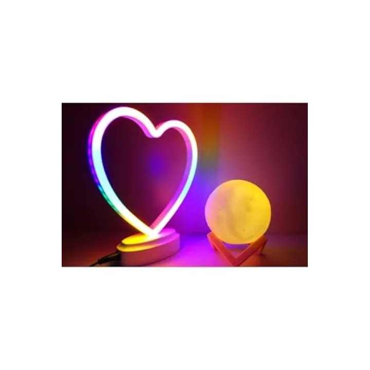 Işık kasabası(107) Neon Kalp Ve 3 D Led Sarı Küre Gece Lambası Sarı