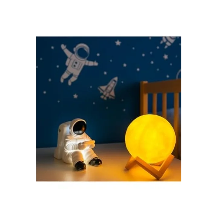 Işık kasabası(28) Oturan Astronot ve 3D Küre LED Gece Lambası tabletli astronot Sarı,Beyaz