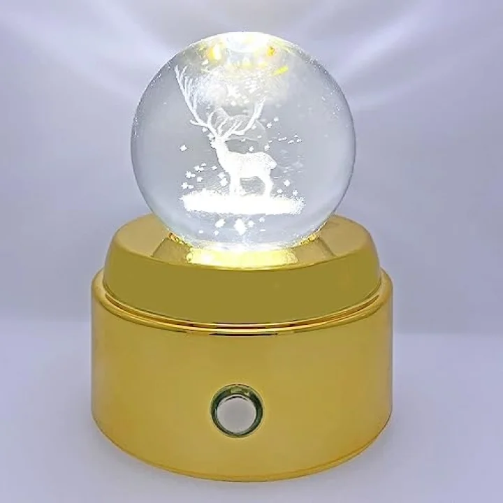 Işıklı Müzikli Dönen 3D Kristal Cam Küre Geyik Model