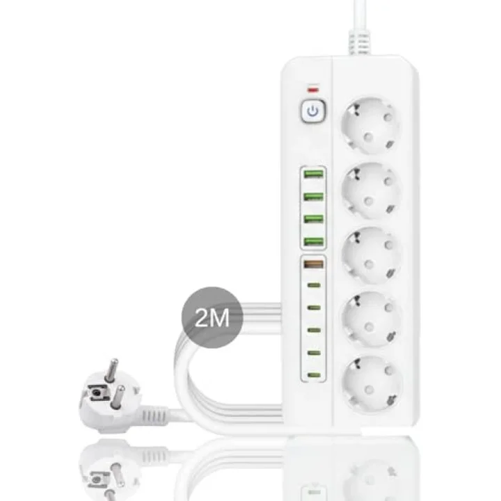 Isıya Dayanıklı Power Tuşlu 5li Grup Priz 5xusb 5x Type-c Çıkışlı Priz 2 Mt Kablolu