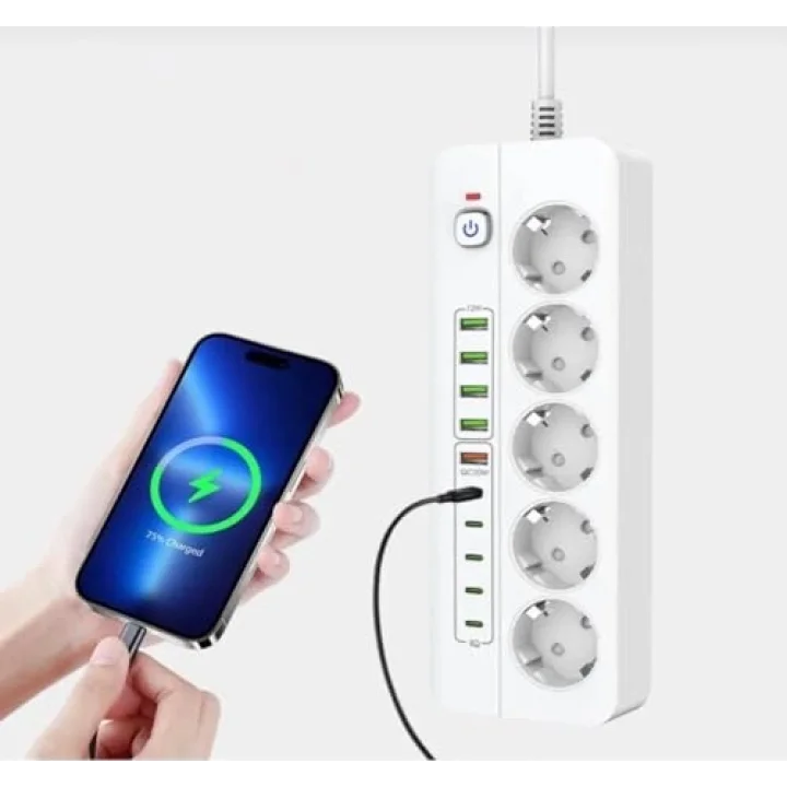 Isıya Dayanıklı Power Tuşlu 5li Grup Priz 5xusb 5x Type-c Çıkışlı Priz 2 Mt Kablolu