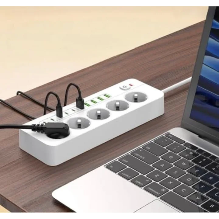 Isıya Dayanıklı Power Tuşlu 5li Grup Priz 5xusb 5x Type-c Çıkışlı Priz 2 Mt Kablolu
