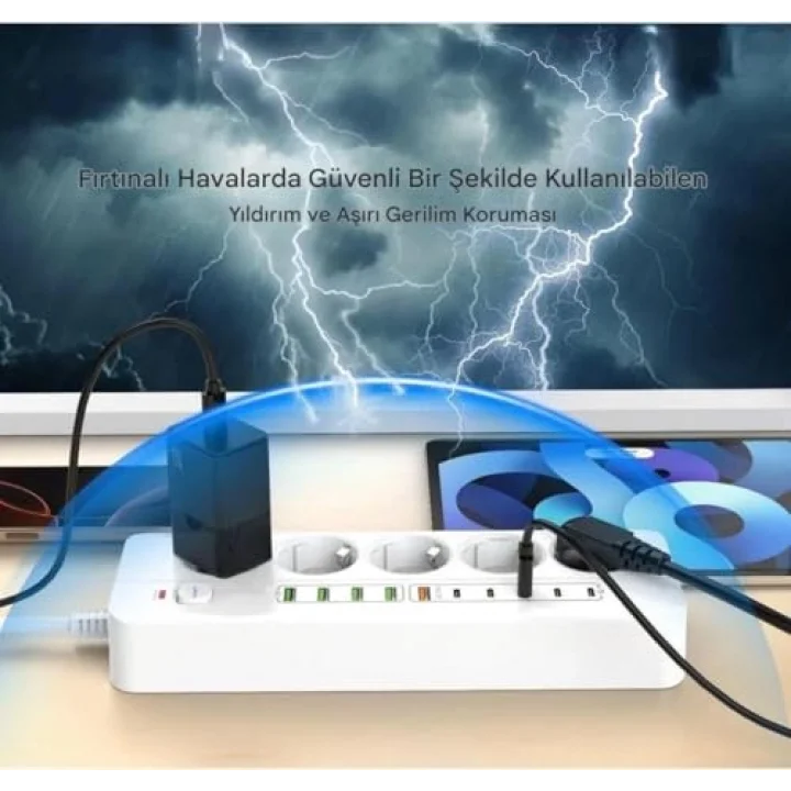 Isıya Dayanıklı Power Tuşlu 5li Grup Priz 5xusb 5x Type-c Çıkışlı Priz 2 Mt Kablolu
