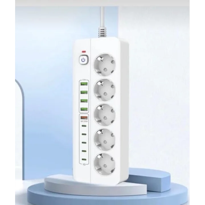 Isıya Dayanıklı Power Tuşlu 5li Grup Priz 5xusb 5x Type-c Çıkışlı Priz 2 Mt Kablolu