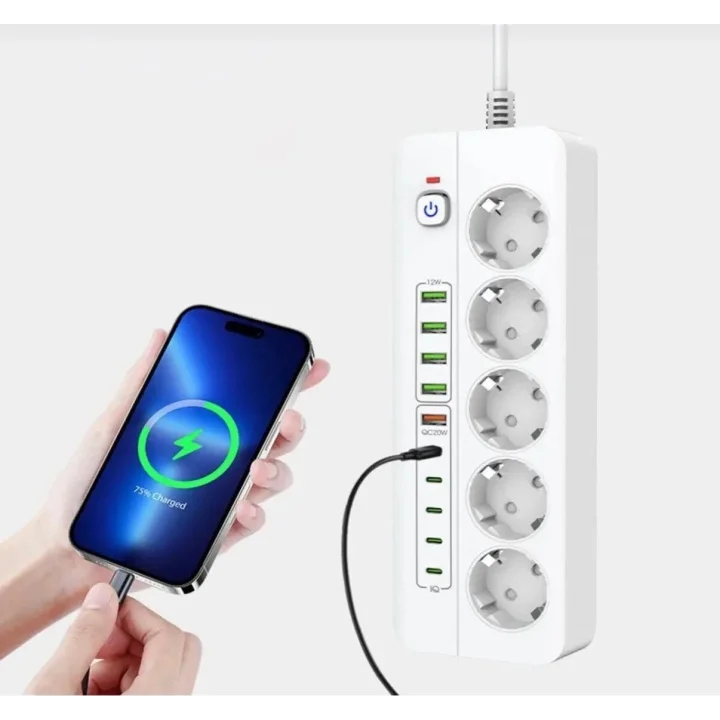 Isıya Dayanıklı Power Tuşlu 5li Grup Priz 5xusb 5x Type-c Çıkışlı Priz 2 Mt Kablolu
