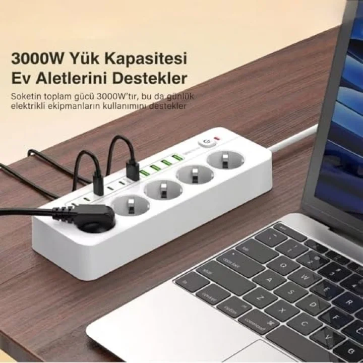 Isıya Dayanıklı Power Tuşlu 5li Grup Priz 5xusb 5x Type-c Çıkışlı Priz 4 Mt Kablolu