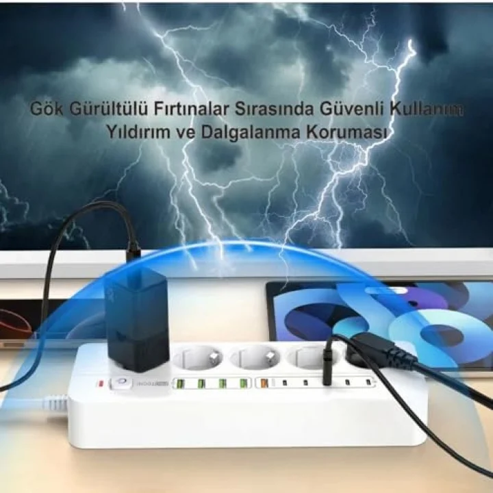 Isıya Dayanıklı Power Tuşlu 5li Grup Priz 5xusb 5x Type-c Çıkışlı Priz 4 Mt Kablolu