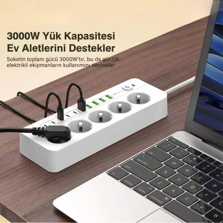 Isıya Dayanıklı Power Tuşlu 5li Grup Priz 5xusb 5x Type-c Çıkışlı Priz 4 Mt Kablolu