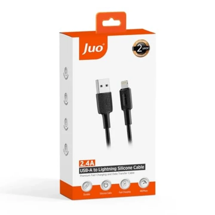Juo 12W 2.4A USB-A to Lightning iPhone iPad ile Uyumlu Silikon Hızlı Şarj ve Data Kablosu Siyah 2 Metre