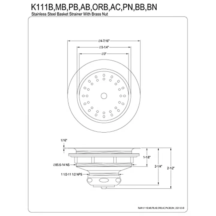 K111BPN Tacoma Sepet Süzgeç, Cilalı Nikel