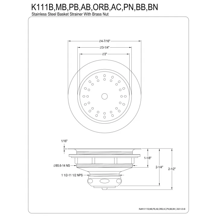 K111BPN Tacoma Sepet Süzgeç, Cilalı Nikel