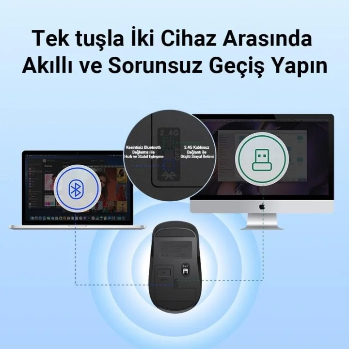 K17 Dual Mode Bluetooth ve 2.4GHz Destekli 1200DPI Kablosuz Optik Mouse