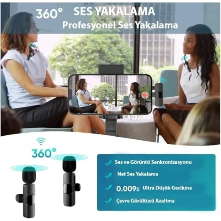 K9-D2 TYPE-C Lightning Dönüştürücülü Wireless Kablosuz Çiftli Yaka Mikrofonu