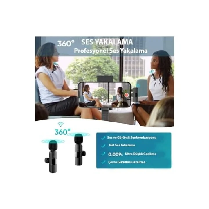 K9-D2 TYPE-C Lightning Dönüştürücülü Wireless Kablosuz Çiftli Yaka Mikrofonu