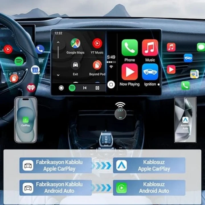 Kablosuz CarPlay Android Auto Kabloludan Kablosuza Çevirici USB ve Type-C Adaptör