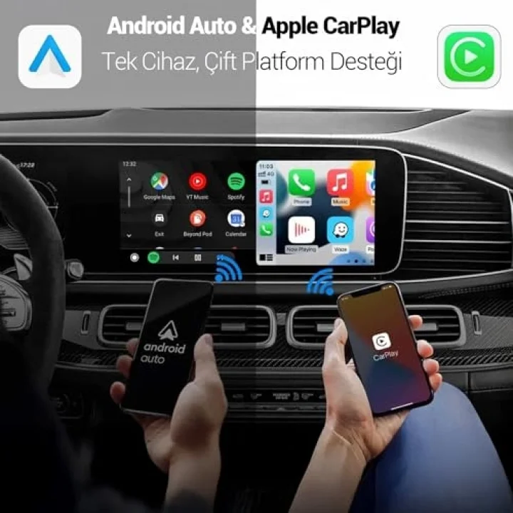 Kablosuz CarPlay Android Auto Kabloludan Kablosuza Çevirici USB ve Type-C Adaptör