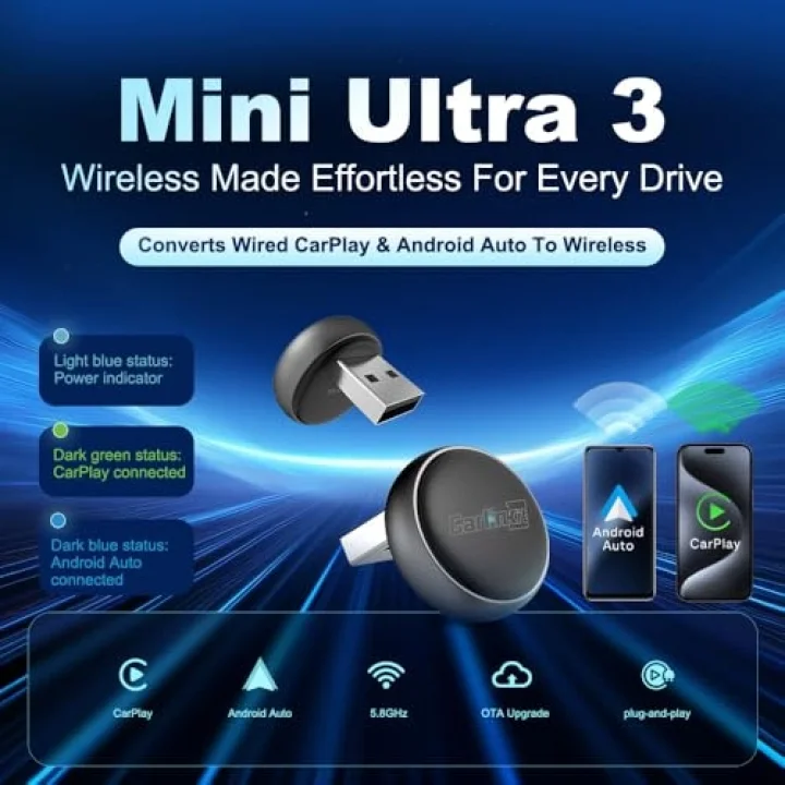 Kablosuz CarPlay ve Android Otomatik Adaptör - Mini Ultra 3 iPhone ve Android 11+, USB-A/Tip-C Tak ve Çalıştır, Hızlı Bağlantı, Çevrimiçi Yükseltme için Kablosuz Donglea OEM Kablolu