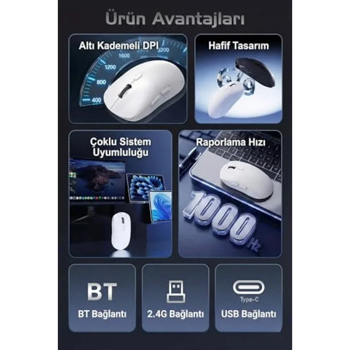 Kablosuz Gaming Mouse 12800 DPI 3 Modlu Bluetooth 2.4G USB Kablolu 1000Hz Raporlama Hızı 67g Ultra Hafif 6 Tuş 300mAh Şarjlı Ofis Oyuncu Mouse | AJAZZ NJ07 (Beyaz - NJ07)