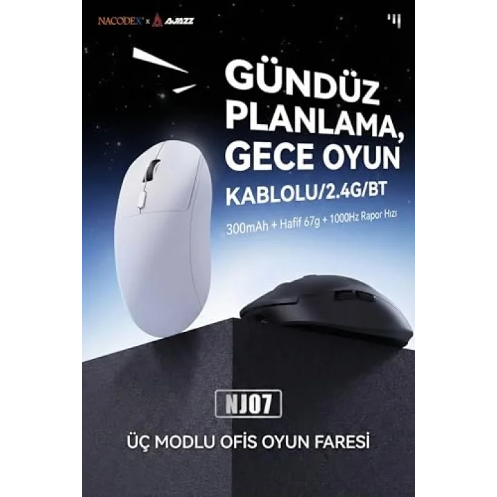 Kablosuz Gaming Mouse 12800 DPI 3 Modlu Bluetooth 2.4G USB Kablolu 1000Hz Raporlama Hızı 67g Ultra Hafif 6 Tuş 300mAh Şarjlı Ofis Oyuncu Mouse | AJAZZ NJ07 (Beyaz - NJ07)