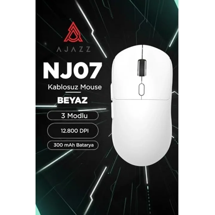 Kablosuz Gaming Mouse 12800 DPI 3 Modlu Bluetooth 2.4G USB Kablolu 1000Hz Raporlama Hızı 67g Ultra Hafif 6 Tuş 300mAh Şarjlı Ofis Oyuncu Mouse | AJAZZ NJ07 (Beyaz - NJ07)