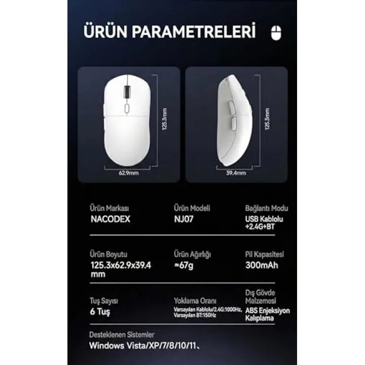 Kablosuz Gaming Mouse 12800 DPI 3 Modlu Bluetooth 2.4G USB Kablolu 1000Hz Raporlama Hızı 67g Ultra Hafif 6 Tuş 300mAh Şarjlı Ofis Oyuncu Mouse | AJAZZ NJ07 (Beyaz - NJ07)