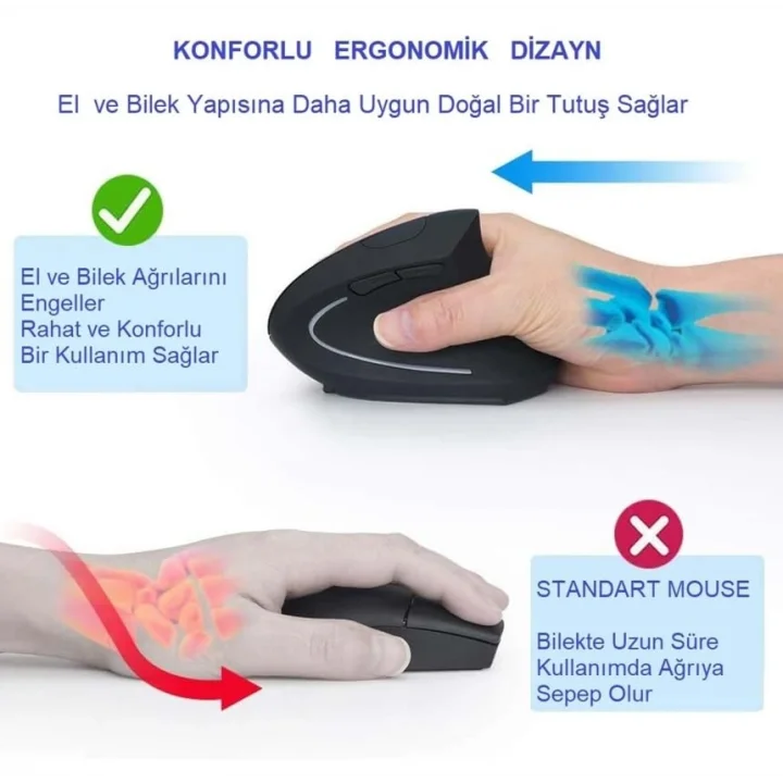 Kablosuz Optik Ergonomik Dikey Mouse 1600 DPI Dizüstü, Masaüstü, Yoğun kullanım