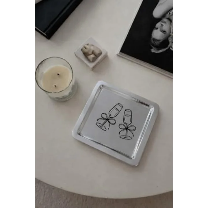 Kadeh Desenli Kare Paslanmaz Çelik Çelik Çay Söz Nişan Sunum ve Dekoratif Tepsi