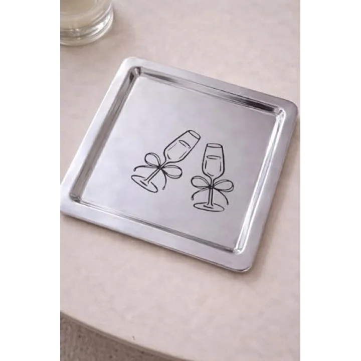 Kadeh Desenli Kare Paslanmaz Çelik Çelik Çay Söz Nişan Sunum ve Dekoratif Tepsi