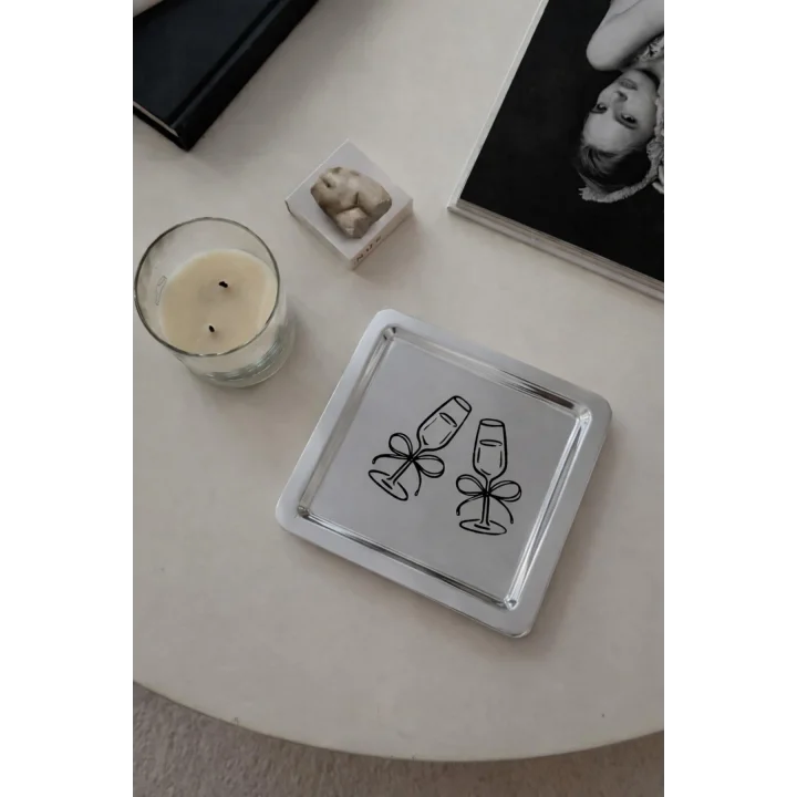 Kadeh Desenli Kare Paslanmaz Çelik Çelik Çay Söz Nişan Sunum ve Dekoratif Tepsi