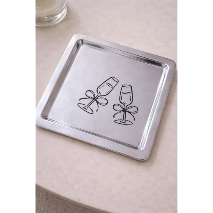 Kadeh Desenli Kare Paslanmaz Çelik Çelik Çay Söz Nişan Sunum ve Dekoratif Tepsi