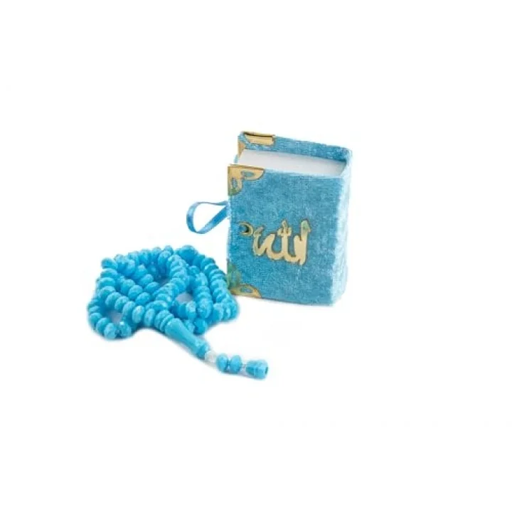 Kadife Kaplı Mini Kuran Kutulu - Tesbihli - Mavi