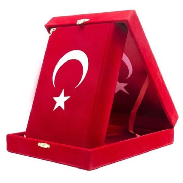 Kadife Kutulu Kuran-ı Kerim (Orta Boy, Ayyıldız, Kırmızı)
