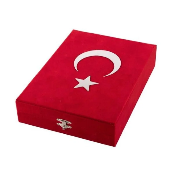 Kadife Kutulu Kuran-ı Kerim (Orta Boy, Ayyıldız, Kırmızı)